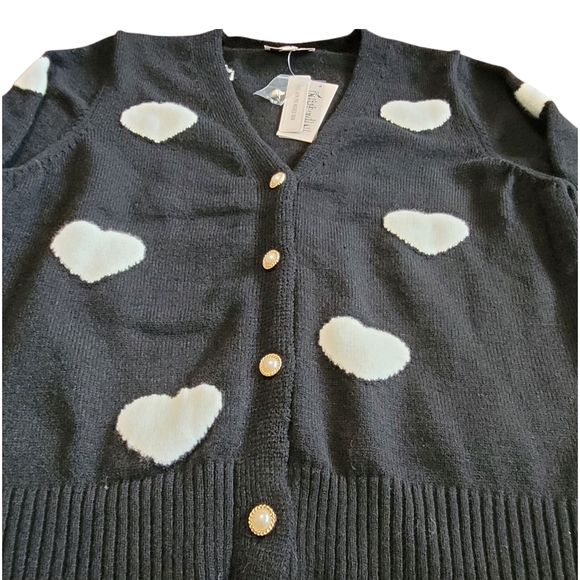 Nanette Lepore Heart Print Cardigan Black White Pearl Button XL Romantic Chic - Picture 12 of 17